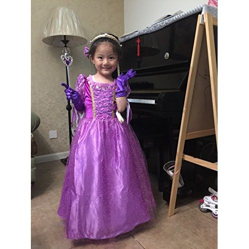  Party Chili Long Hair Rapunzel Princess Costume For Girls Party Dress Up With Long Braid and Tiaras Set Age of 3-12 Years