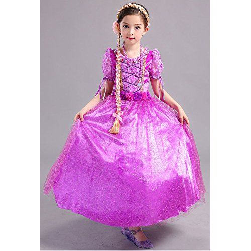  Party Chili Long Hair Rapunzel Princess Costume For Girls Party Dress Up With Long Braid and Tiaras Set Age of 3-12 Years