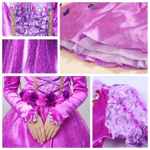  Party Chili Long Hair Rapunzel Princess Costume For Girls Party Dress Up With Long Braid and Tiaras Set Age of 3-12 Years