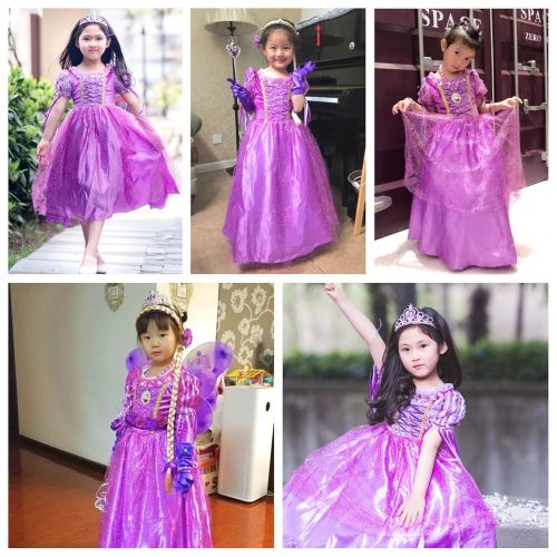  Party Chili Long Hair Rapunzel Princess Costume For Girls Party Dress Up With Long Braid and Tiaras Set Age of 3-12 Years