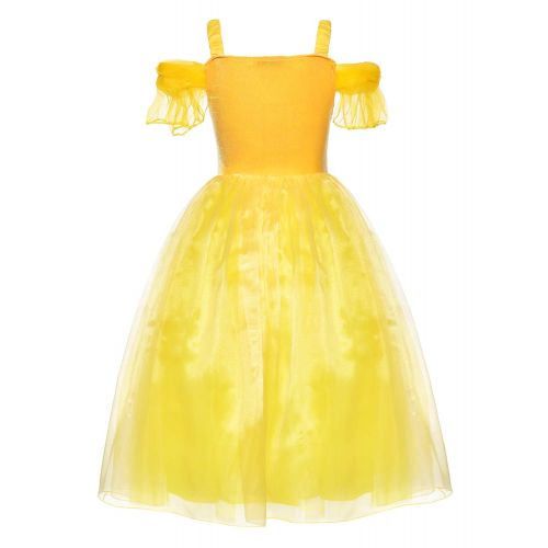  Party Chili Yellow Dress Princess Belle Costume Girls Birthday Party Dress Up with Accessories Age 2-12 Years