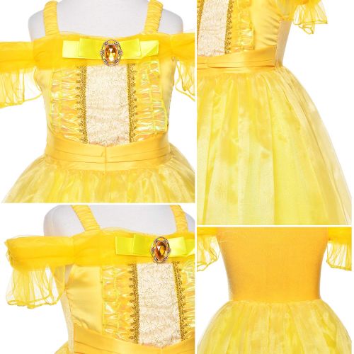  Party Chili Yellow Dress Princess Belle Costume Girls Birthday Party Dress Up with Accessories Age 2-12 Years
