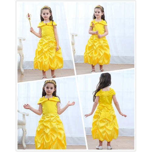  Party Chili Princess Belle Costume Birthday Party Fancy Dress Up For Girls with Accessories(Crown+Wand+Earrings+Gloves) 2-10 Years