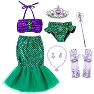 Party Chili Princess Mermaid Green Dress Costumes for Toddler Little Girls with Headband,Crown,Mace,Gloves,Necklace,Earrings