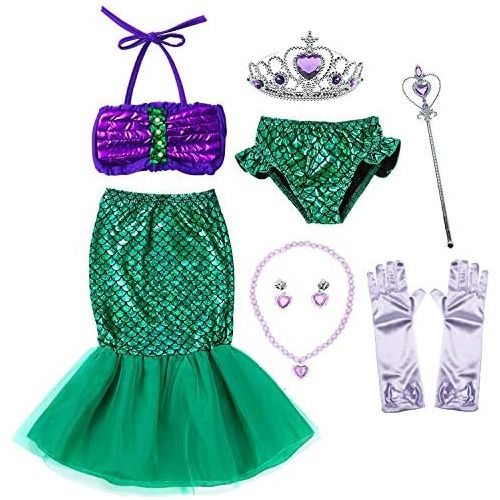  Party Chili Princess Mermaid Green Dress Costumes for Toddler Little Girls with Headband,Crown,Mace,Gloves,Necklace,Earrings