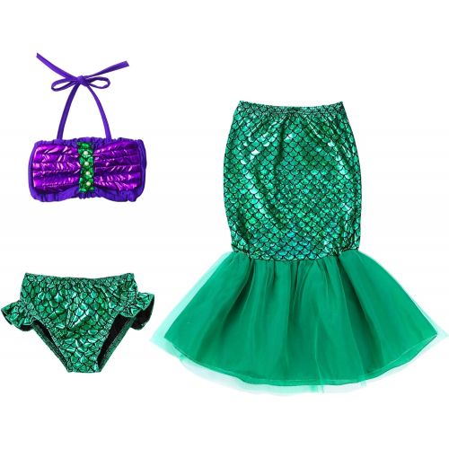  Party Chili Princess Mermaid Green Dress Costumes for Toddler Little Girls with Headband,Crown,Mace,Gloves,Necklace,Earrings