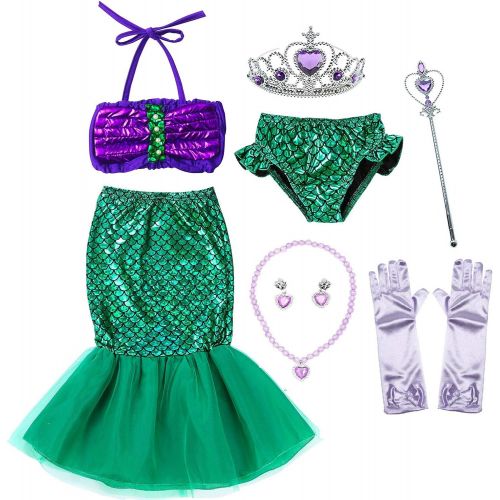  Party Chili Princess Mermaid Green Dress Costumes for Toddler Little Girls with Headband,Crown,Mace,Gloves,Necklace,Earrings