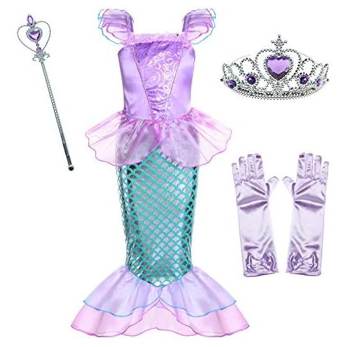  Party Chili Little Girls Mermaid Princess Costume for Girls Dress Up Party with Gloves,Crown Mace 3 10 Years