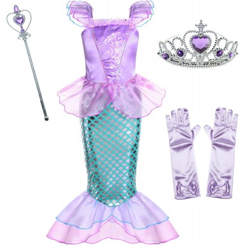  Party Chili Little Girls Mermaid Princess Costume for Girls Dress Up Party with Gloves,Crown Mace 3 10 Years