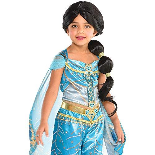  Party City Princess Jasmine Ponytail Wig Halloween Accessory for Children, Aladdin, with Rhinestone Studded Gold Charms