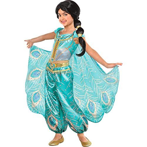  Party City Aladdin Jasmine Whole New World Costume for Children, Features a Peacock Jumpsuit with a Cape