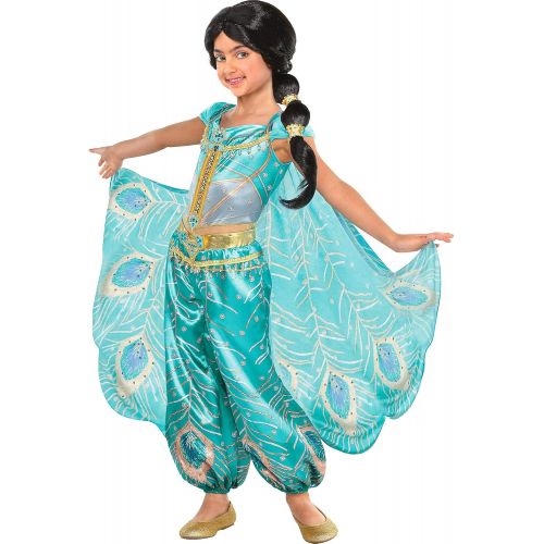  Party City Aladdin Jasmine Whole New World Costume for Children, Features a Peacock Jumpsuit with a Cape