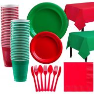 Party City Red and Festive Green Plastic Tableware Kit for 100 Guests, 852 Pieces, Includes Plates, Napkins, and Cups