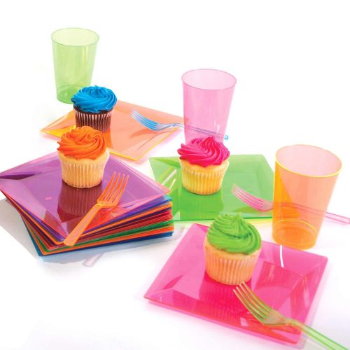  Party Essentials N61090 Hard Plastic Square Twist Plates, 6-1/2, Assorted Neon (Case of 120)