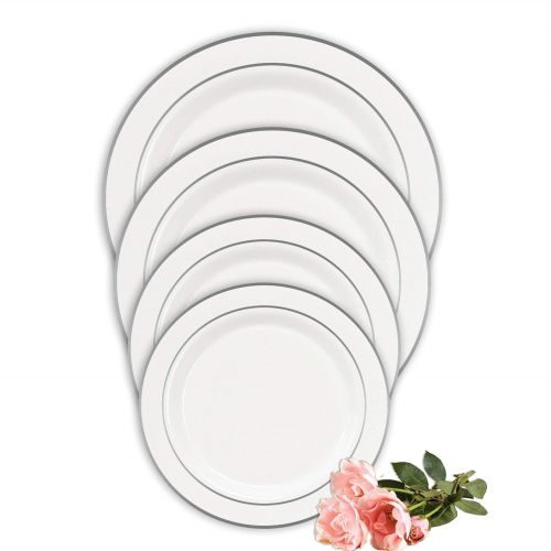  Party Essentials 70-Count Hard Plastic 6 Divine Dinnerware Disposable China Bread and Butter/Appetizer Plates, White with Silver Band