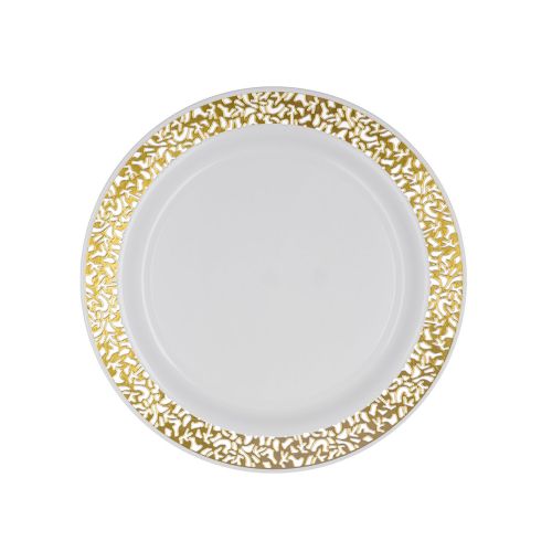  Party Essentials 70-Count Hard Plastic 6.25 Divine Dinnerware Disposable China Bread and Butter/Appetizer Plates, White with Gold Lace Rim
