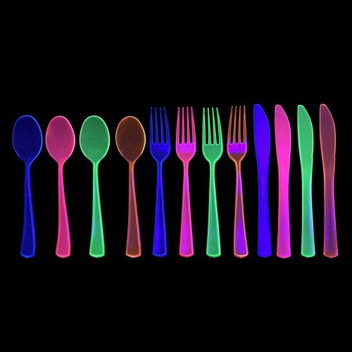  Party Essentials Heavy-Duty Hard Plastic Cutlery Combo Pack, 288 Pieces/96 Place Settings, Assorted Neon Brights