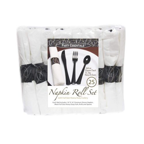  Party Essentials Pre-Rolled Disposable Extra Heavy Duty Plastic Cutlery Kit with Black Fork/Knife/Spoon and 3-Ply White Napkin (Case of 100 Rolls)