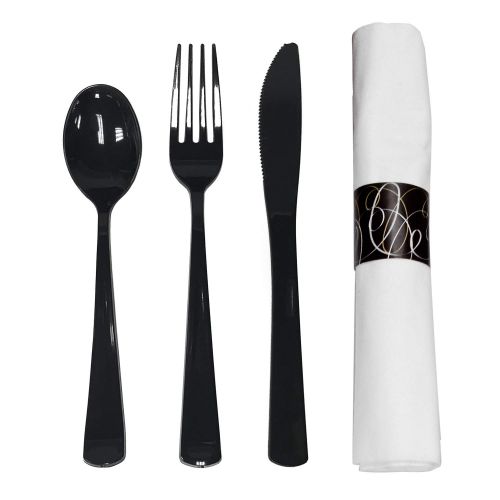  Party Essentials Pre-Rolled Disposable Extra Heavy Duty Plastic Cutlery Kit with Black Fork/Knife/Spoon and 3-Ply White Napkin (Case of 100 Rolls)