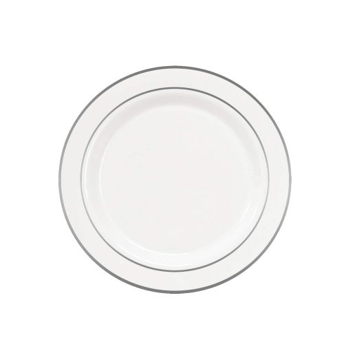  Party Essentials N278020 Divine Plastic Plates with Silver Rim, 6, White with Silver (Case of 144)