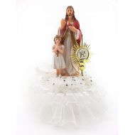 Party Favors Plus 1st Communion Cake Top w/Jesus Next to Girl Standing White trim design 7 tall 6 wide