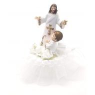 Party Favors Plus 1st communion cake top with Jesus and a boy gold trim design 7 tall 6 wide