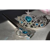 Party Hair Ice Princess Frozen Snow Elsa Crown & Wand, Silver Plated, Crystal Stones, Tiara