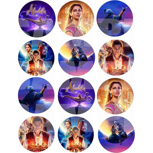  Party Over Here Aladdin Movie Stickers, Large 2.5” Round Circle DIY Stickers to Place onto Party Favor Bags, Cards, Boxes or Containers -12 pcs Alladin Princess Jasmine Jafar Genie Magic Lamp