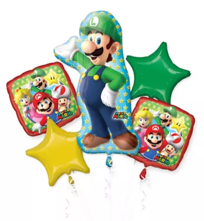 PartyCity Giant Luigi Birthday Balloon Bouquet 5pc - Super Mario