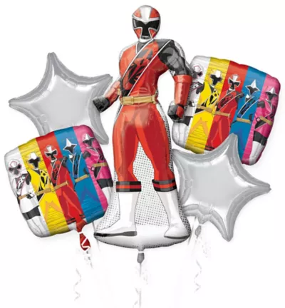 PartyCity Red Ranger Balloon Bouquet 5pc - Power Rangers Ninja Steel