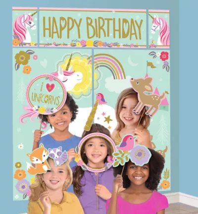 PartyCity Magical Unicorn Scene Setter with Photo Booth Props