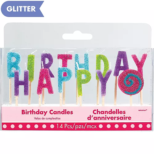 PartyCity Glitter Multicolor Bright Happy Birthday Toothpick Candle Set 14pc