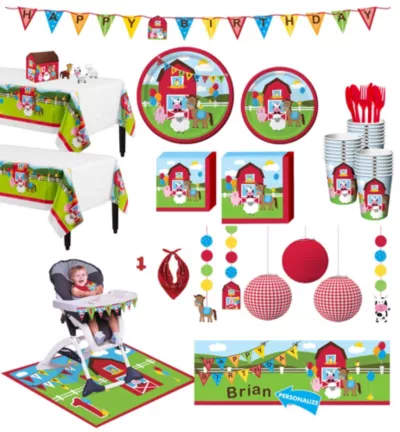 PartyCity Farmhouse Fun 1st Birthday Deluxe Party Kit for 32 Guests