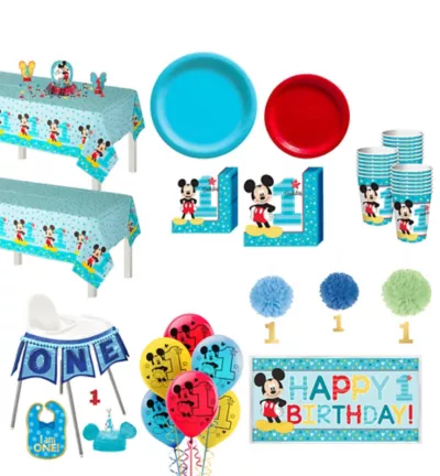 PartyCity 1st Birthday Mickey Mouse Deluxe Party Kit for 32 Guests
