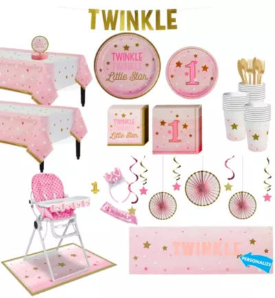 PartyCity Pink Twinkle Twinkle Little Star 1st Birthday Deluxe Party Kit for 32 Guests
