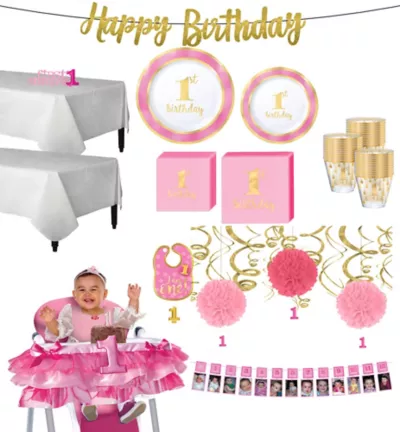 PartyCity Pink & Gold Premium 1st Birthday Deluxe Party Kit for 20 Guests