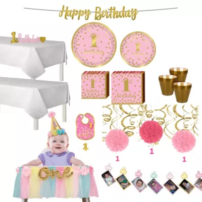 PartyCity Pink & Gold Confetti Premium 1st Birthday Deluxe Party Kit for 32 Guests