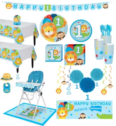 PartyCity Blue One is Fun 1st Birthday Deluxe Party Kit for 32 Guests