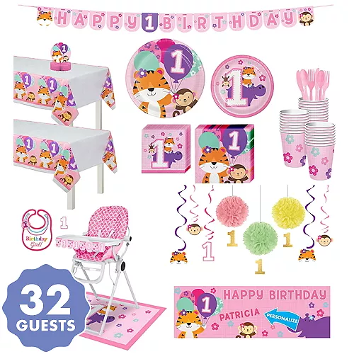 PartyCity Pink One is Fun 1st Birthday Deluxe Party Kit for 32 Guests