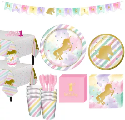 PartyCity Sparkling Unicorn 1st Birthday Party Kit for 16 Guests