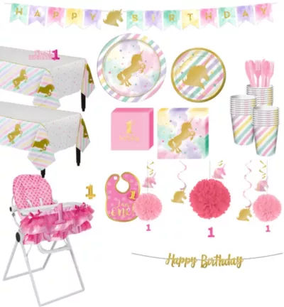  PartyCity Sparkling Unicorn 1st Birthday Deluxe Party Kit for 32 Guests