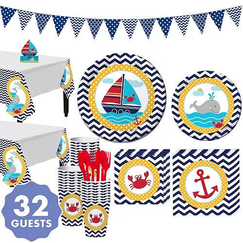 PartyCity Ahoy Nautical 1st Birthday Party Kit for 32 Guests