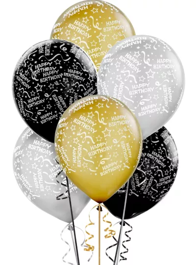 PartyCity Confetti Birthday Balloons 20ct - Black, Gold & Silver