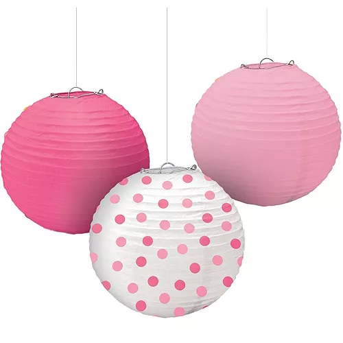 PartyCity Polka Dot & Pink Paper Lanterns 3ct