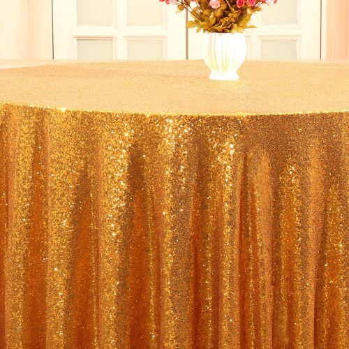  PartyDelight Sequin Tablecloth Round Wedding, Party, Christmas Decor, 132 inch Gold