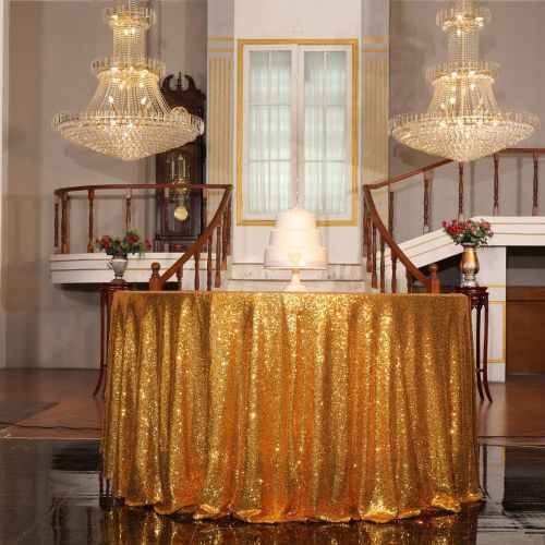  PartyDelight Sequin Tablecloth Round Wedding, Party, Christmas Decor, 132 inch Gold