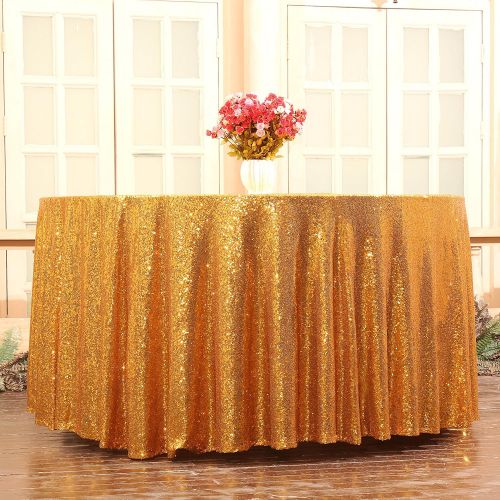  PartyDelight Sequin Tablecloth Round Wedding, Party, Christmas Decor, 132 inch Gold