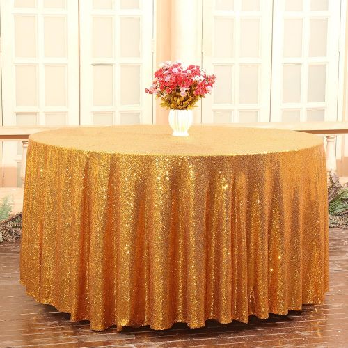  PartyDelight Sequin Tablecloth Round Wedding, Party, Christmas Decor, 132 inch Gold