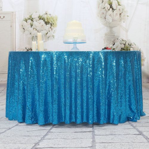  PartyDelight Turquoise Sequin Tablecloth, Round, 132