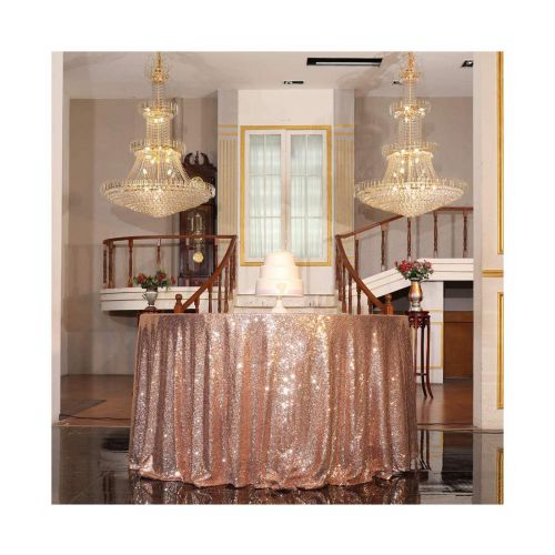  PartyDelight Sequin Tablecloth Round, Wedding, Dessert, Party, Banquet, 132 inch Rose Gold